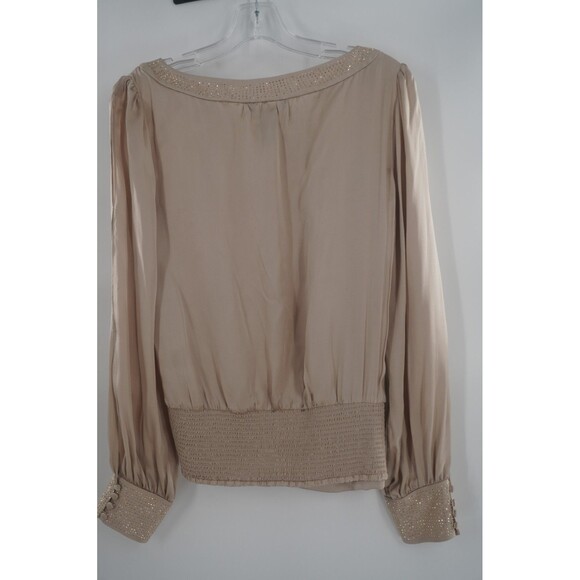 White House Black Market Beige Embellished Long Sleeve Keyhole silk Blouse Sz 6 - Picture 4 of 12
